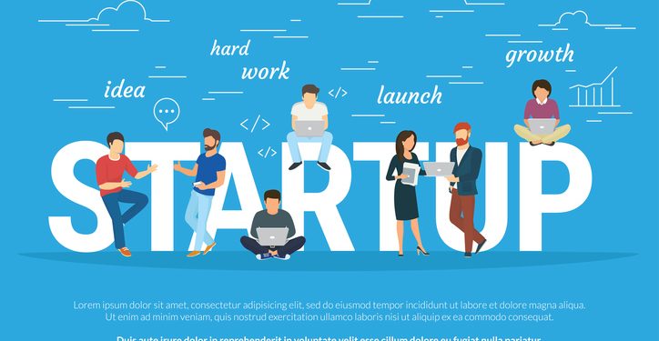 Startup concept flat illustration of business people working as team to launch the business. Young men have an idea, programmer works hard, managers and others promote the project using laptops