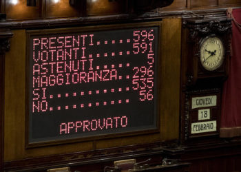 The electronic scoreboard after the confidence vote at the Italian Prime Minister Mario Draghi's government at the Chamber of Deputies in Rome, Italy, 18 February 2021.
ANSA/LAPRESSE/POOL/ROBERTO MONALDO