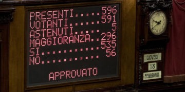 The electronic scoreboard after the confidence vote at the Italian Prime Minister Mario Draghi's government at the Chamber of Deputies in Rome, Italy, 18 February 2021.
ANSA/LAPRESSE/POOL/ROBERTO MONALDO
