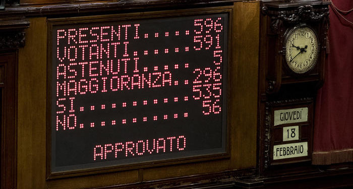 The electronic scoreboard after the confidence vote at the Italian Prime Minister Mario Draghi's government at the Chamber of Deputies in Rome, Italy, 18 February 2021.
ANSA/LAPRESSE/POOL/ROBERTO MONALDO