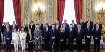 talian President Sergio Mattarella and 
Italian Prime Minister Giorgia Meloni during new government the swearing-in ceremony at Q​uirinale Palace, Rome 22 October 2022.
ANSA/FABIO FRUSTACI