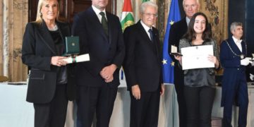 OLGA URBANI, IL MINISTRO GIANCARLO GIORGETTI, IL PRESIDENTE SERGIO MATTARELLA E LA STUDENTESSA GIULIA BENEDETTINI DURANTE LA CERIMONIA AL QUIRINALE